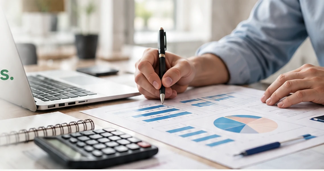 Mesa de trabajo con notebook, gráficos y calculadora