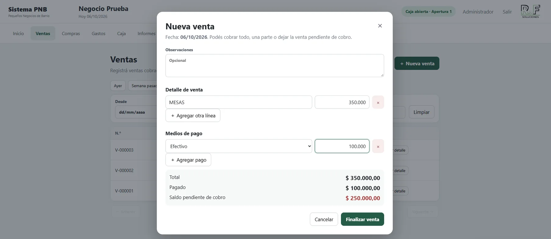 Carga de una nueva venta con saldo pendiente